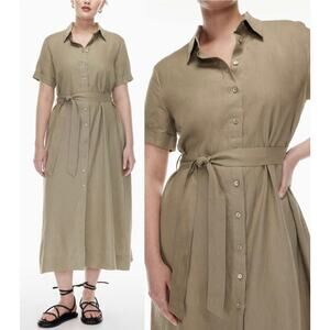 Wilfred Linen Midi Dress Button Front Tie Belt Short Sleeves Aritzia Size Medium